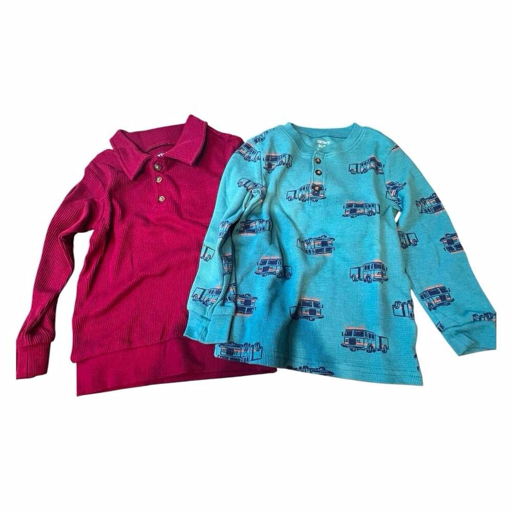 Carter’s Toddler Long Sleeve Henley Shirt Lot 2 Size 3T Burgundy/Blue Vehicles